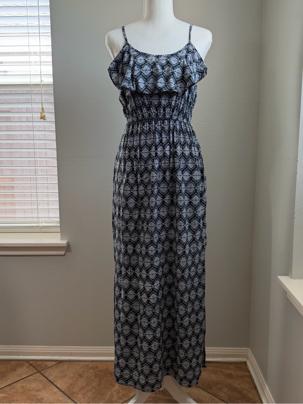 Cotton On Maxi Geometric Print Navy Blue White Dress Cottagecore Boho Chic A